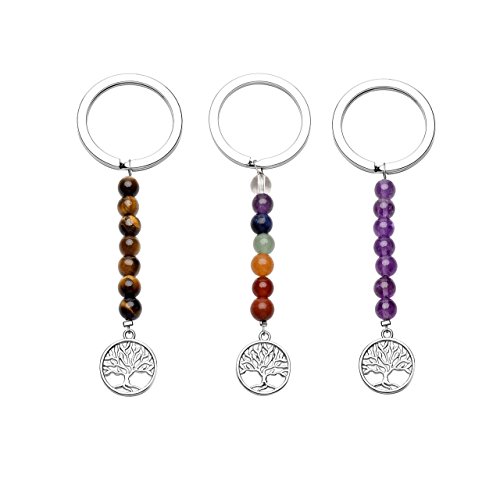 QGEM 3pcs Porte Clefs Trousseau Key Chain 7 Perles Chakra Energie Pierre Naturelle avec Pendentif Arbre de Vie pour Famille Set(Gemme Oeil de Tigre+7 Chakras Pierres+Améthyste)