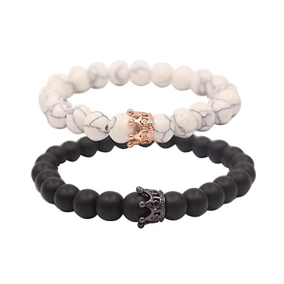 UEUC Par Distancia Pulseras para lovers-2pcs Negro Mate Blanco y ágata Howlita Bolas de 8 mm