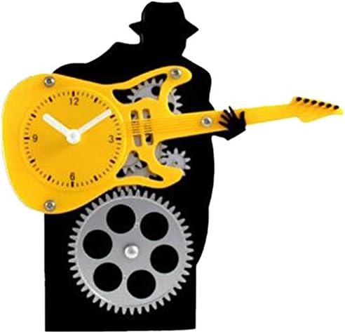 European Style Mechanical Metal Creative Mute Dynamic Guitarist Retro Table Clock Home Living Room Decor Gift , yellow