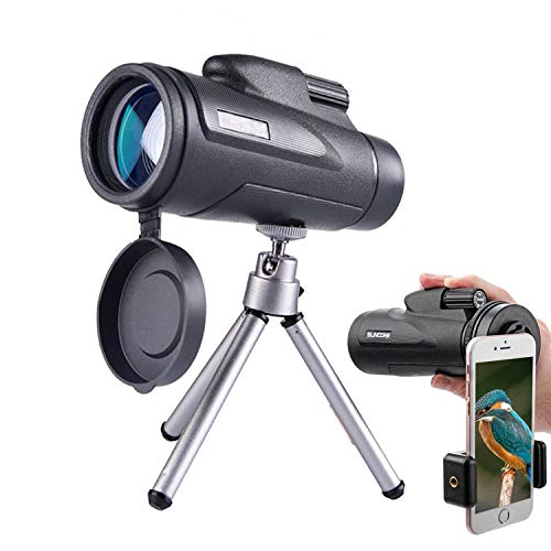 Telescopio Monocular 12 x 50, HD Prismático Portátil Telescópico con Trípode y Clip Teléfono, Ideal para Senderismo, Camping, Juego de Pelota, Concierto, Observación de Las Aves