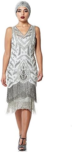 Hollywood Vintage Inspired Fringe Dress in Grey Silver (US20 EU52)
