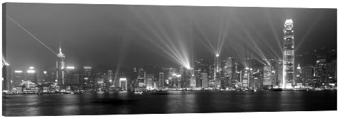 Hong Kong at Night in Black and White Panorama stretched and mounted around a 30 x 10 inch (76cm x 25cm) wooden frame by Pixel Zone