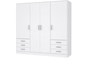 Forte Jupiter Armario 200 210, armario blanco, armario de puertas batientes, 4 puertas, con 6 cajones y estantes, negro blanco, 206.5 cm de ancho x 60 cm de profundidad x 200 cm de alto