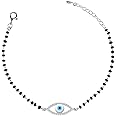 Clara Womens 925 Sterling Silver Evil Eye Halo Hand Mangalsutra Bracelet | Black Beads, Rhodium Plated | Gift For Wife