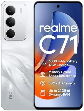 realme C71 Smartphone 4G,6+128GB,Batteria 6000 mAh,Ricarica rapida 45 W,Fotocamera AI da 50MP,Display 120 Hz,Resistenza agli urti di grado militare,Impermeabilità quotidiana,Bianco (Senza Adattatore)
