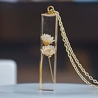 Gänseblümchen Elfenbein Echte Blume Transparent Würfel Resin 18K Vergoldet Lange Halskette 65cm Kette