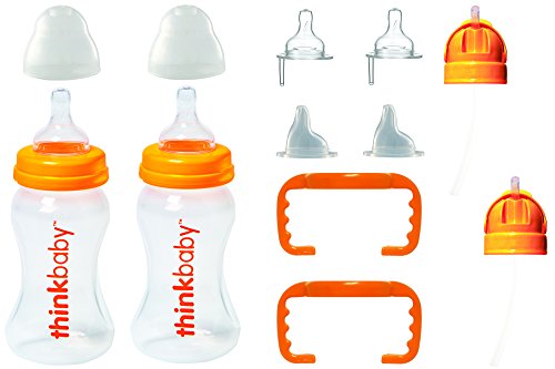 Thinkbaby All-In-One Bottle – Easily Transforms to Suit Your Childs Needs – 9oz/266ml – Orange/Clear