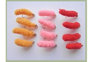 TROUTFLIES UK MOP FLIES Mop Flies, Wotsit Flies, 12 x Pink red & Orange Size 10, Trout Fishing Flies,