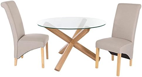 2 x Scroll Top Soft Linen Fabric Turin Chairs In Cream With Abbostley Glass Table