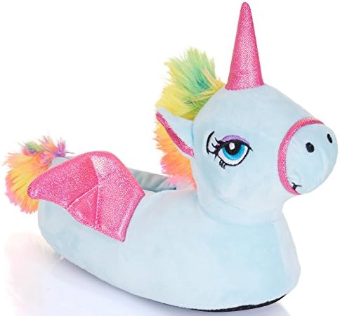 Cute Ladies, Womens, Girls Novelty Unicorn Slippers with Horn, Mane, Tail and Wings, Blue, Size 7/8
