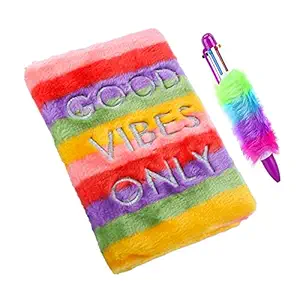 Jiada Rainbow Soft Plush Fur Diary A5 Notebook with Multicolour Fur Pen - Gift Set for Girls