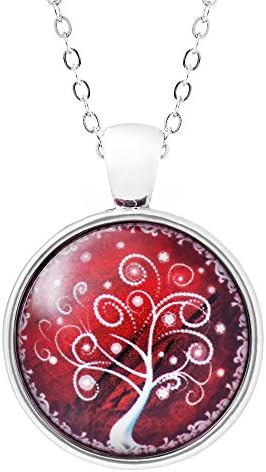 KlimtArt - Scarlet Red Tree of Life - Pendant Necklace with Unique Art Picture - Glass Charm on Elegant Adjustable Chain - Comes in a Beautiful Gift Box