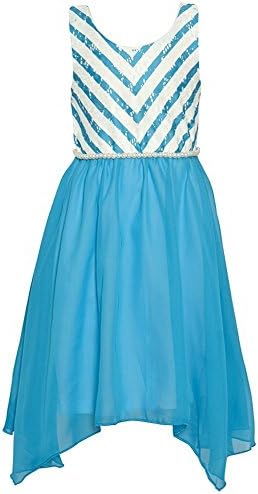 RMLA Little Girls Turquoise Chevron Stripe Pearly Bead Angled Hem Dress 4