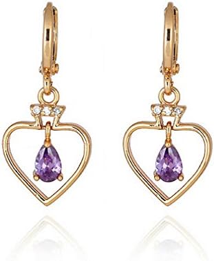 Heart Earrings Drops Yellow Gold Earrings Drops Purple Crystal Set Earrings