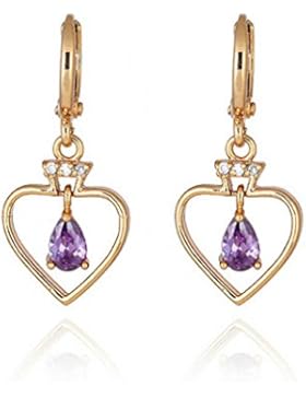 Ohrringe in Herzform, mit tropfenförmigen Steinen, Gelbgold, Kristall, Lila