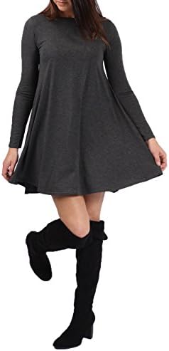 Envious Fashion New Plain jersy Long Sleeve Swing Dress (SM, Charcoal)