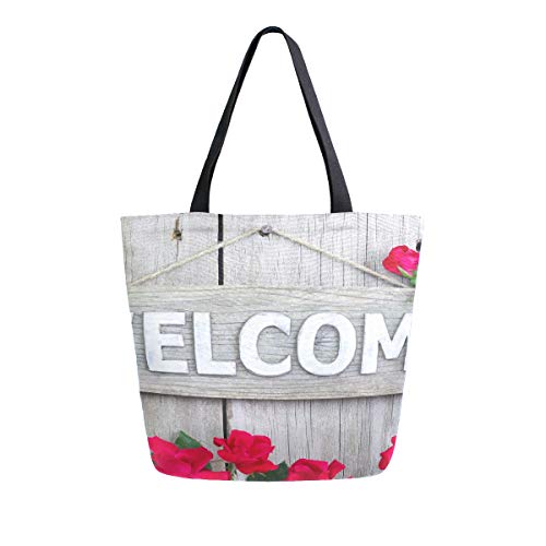 Preisvergleich Produktbild Willkommensschild auf Holzbrett mit Blume Tragbare Große Doppelseitige Canvas Tragetaschen Handtasche Schulter Wiederverwendbare Einkaufstaschen Duffel Geldbörse Frauen Männer Lebensmittelgeschäft