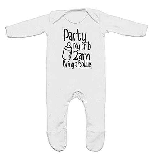 Party My Crib 2am Bring A Bottle Baby Romper Sleep Suit (White, 0-3m)