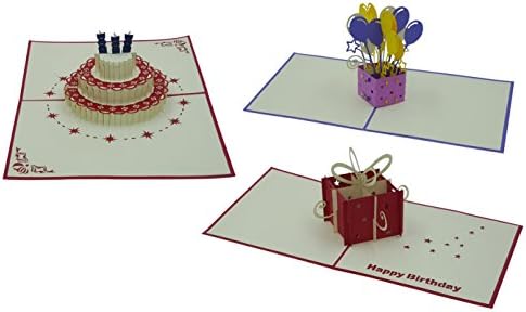 3D Birthday Cards – 3 Items (Design: Birthday Cake & Gifts & Balloons) Handmade Pop up Cards - Inclusive Envelope and Protective Covers (Cases)