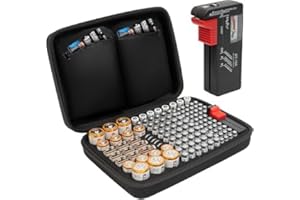 Tanness 140 Battery Case With Tester | Large Capacity Organiser Storage Case Bag for AAA, AA, 9V Flat, C and D Size Batteries (Not Included)
