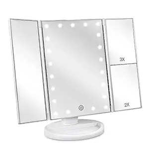 DeWEISN Tri-Fold Lighted Vanity Makeup Mirror with 21 LED Lights, Touch Screen and 3X/2X/1X Magnification Mirror, Two power Supply Mode Tabletop Makeup Mirror,Travel Cosmetic Mirror (White)