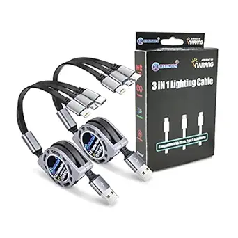 Narang Multi Retractable 3.0A Fast Charger Cord, Multiple Charging Cable 4Ft/1.2m 3-in-1 USB Charge Cord with Phone/Type C/Micro USB for All Android and iOS Smartphones (Multicolor) (Pack of 2)