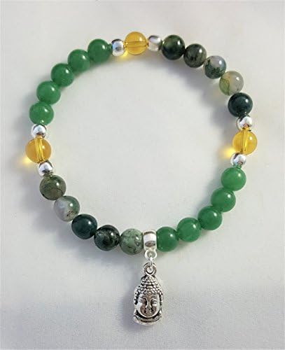 Handmade Prosperity &amp; Abundance Bracelet, Good Luck, Buddha Charm, Moss Agate, Aventurine and Citrine Gemstones 6mm