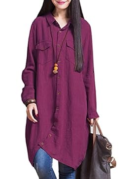 Romacci Neue Frauen-Baumwollleinen lange Bluse unregelmäßiger Rand Buttons lose beiläufige Weinlese-Spitzen-Hemd-Kleid-Weiß...