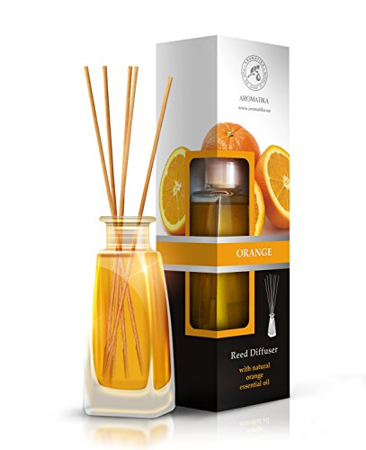 Raumduft Reed Diffuser ORANGE 100ml, mit stäbchen, mit naturreinem ätherischen Orangenöl, intensiv und langanhaltend natürliche Raumdüfte, 0% Alkohol, Raumduft-Set zum Aromatisieren der Innenraumluft fur Raum, Küche, Baden, Zuhausem, Büro, Boutique, SPA, Fitnessclub, Restaurant, Aromatherapie, best fur natural aroma Lufterfrischer und Raumerfrischer, Glas, von AROMATIKA - 3