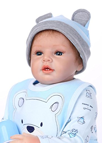 NPKDOLL Reborn Baby Doll Soft Silicone Vinyl 22inch 55cm Magnetic Mouth Lifelike Boy Girl Toy Blue Bear Bib A1UK