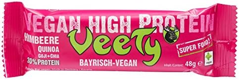 Veety - Vegan High Protein Bar 30% Raspberry - Superfood (Goji, Quinoa, Chia) Rice Pea Protein Vegan Natural Raw Made in Bavaria, 3 x 48g