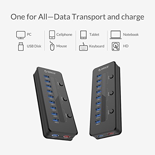ORICO USB Hub (10 Ports, USB 3.0, 48W) mit Ladeport (2.1A Max), 3 elektronischen Schaltern, 12V 4A Netzteil – schnelles Ladegerät für iPhone iPad Samsung Galaxy – Highspeed Datenhub für Desktop-PC Computer Notebook MacBook iMac - 5