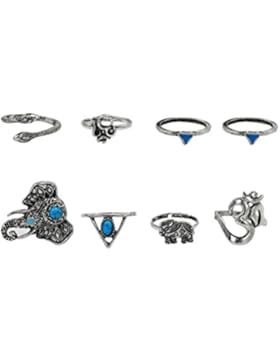 HABI Vintage Set 8 stk Boho Obergelenkring Ring Antik Silber Kristallsteinen, Elefant, Kreuz, Halbmond