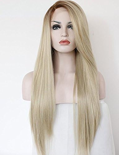 VANGEL Fashion Ombre Blonde Glueless Lace Front Wigs 2 Tone Color Light Brown Roots Side Part Long Natural Straight Heat Resistant Synthetic VANGEL Hair Replacement Wig For Women Half Hand Tied
