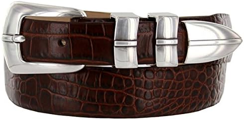 Avnet Men Fine Italian Calfskin Leather Silver Finish Buckle 30mm Wide Belt,Alligator Brown 34
