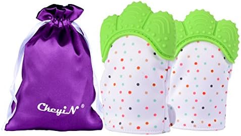 2 PackTeething Mitten, Erjing Food Grade Silicone Mitten Teether Baby Teething Glove with Secure Adjustable Strap for 3-18 Months (Green)