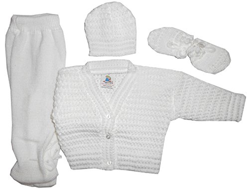 Aelstores BABY BOYS GIRLS KNITTED PRAM SET 4 PIECE GIFT PANTS JACKET MITTENS HAT PINK BLUE CREAM WHITE NEW SIZE AGE NEWBORN 0-3 MONTHS