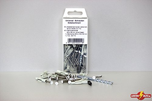 Schrauben-/Dübelset 40x Torx Edelstahlschrauben /weißer Kopf & 40x Mehrzweckdübel Box zur Befestigung von Sockelleisten