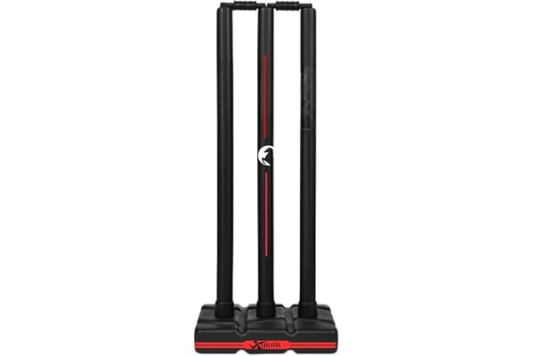 Xylofit Heavy Black Cricket Stumps Plastic Wickets Set with 3 Stumps + 2 Bails + 1 Stand Full Size Wickets for Cricket Ground, Tournament Wicket Black (Black with Red Lines)