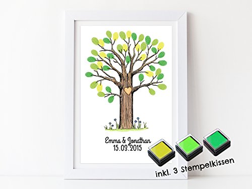 DIN A4 Fingerabdruck Gästebuch - personalisierter Baum für deine Hochzeit - von Papierdrachen - mit Stempelkissen - individuell - Wedding Tree - Motiv mittlerer Baum bunt