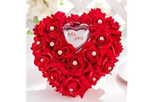 ZJchao Coussin D'Alliance de Style Occidental, Porte Alliances en Forme de cœur, Décoré de Roses Romantiques 15 x 13 cm Écrin pour bagues ou dragées de mariage Red Taille unique