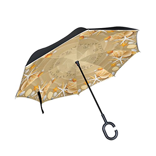 Preisvergleich Produktbild coosun Muscheln und Starfishes auf Sand Hintergrund Double Layer seitenverkehrt Regenschirm Rückseite Regenschirm für Auto und Außeneinsatz Regen winddicht wasserdicht UV-Schutz Big gerade Regenschirm mit C-förmigem Hand