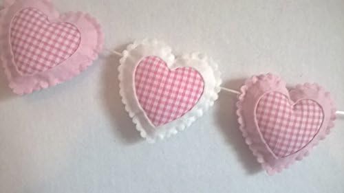 Girls Bedroom, Nursery, Baby's Room Wall Decor, Pink and White Gingham Hanging Felt Hearts Wall Decoration Bunting Garland Border, Great For Valentines Day and Other Occasions. (Pink &amp; White 2.0)