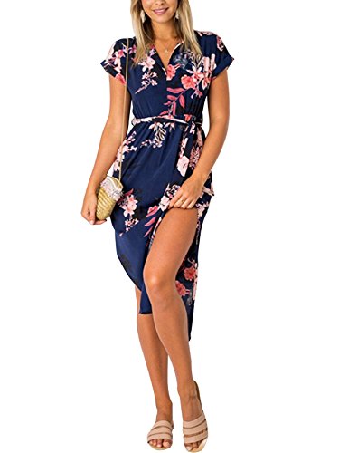 YOINS Robe Longue Femme Été Chic Robes Imprimé Florale Sexy Dress Robe de Plage Asymétrique Robe Tunique Maxi Une Ligne Imprimé-Bleu Foncé 01 EU 44