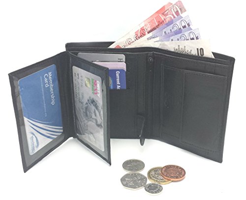 MENS HIGH LUXURY SOFT LEATHER TRI FOLD DESIGN WALLET CREDIT CARD SLOTS, ID WINDOW AND COIN POCKET