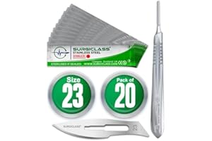SURGICLASS Skalpellklingen Figur 23 aus Edelstahl 20 Stück steril + Skalpell-Halter - Edelstahl Perfekt für Holzkunst, Chirurgie, Bildhauerei, Laboranatomie, Kartenherstellung, Labortraining SURGIGR23-20