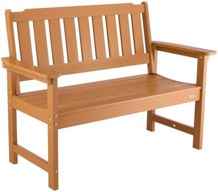 VEVOR Panca da Giardino, Panca da Esterno in Plastica Lunghezza 128 cm Capacità di Carico da 363 kg, Sedia per Esterno con Schienale Braccioli per Cortile, Parco, Giardino, Colore Legno Naturale