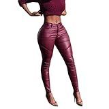 Pantalones Mujer HARRYSTORE Flaco estirado Polainas Cintura alta Cuero de la PU Pantalones (S, Red)