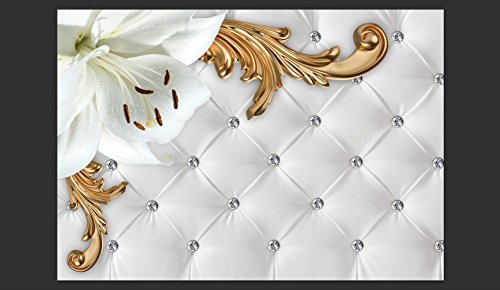 FOTOTAPETE 350×245 cm – VLIES TAPETE PREMIUM – PROFI QUALITÄT – Top moderne Wanddeko – Riesen Wandbild – Top Design Tapete – Neue exklusive Edition mit noch besser Druckauflösung – Deutsches Premium Vlies – Blumen Lilien Ornament weiß Steppmuster f-C-0112-a-a - 2