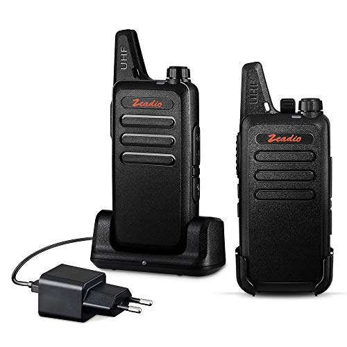 Zeadio Ricetrasmittente ultra-sottile PMR446, Walkie Talkie 16 canali con clip a cinghia, caricatore USB e batteria ricaricabile 1500mAh (1 Paio)